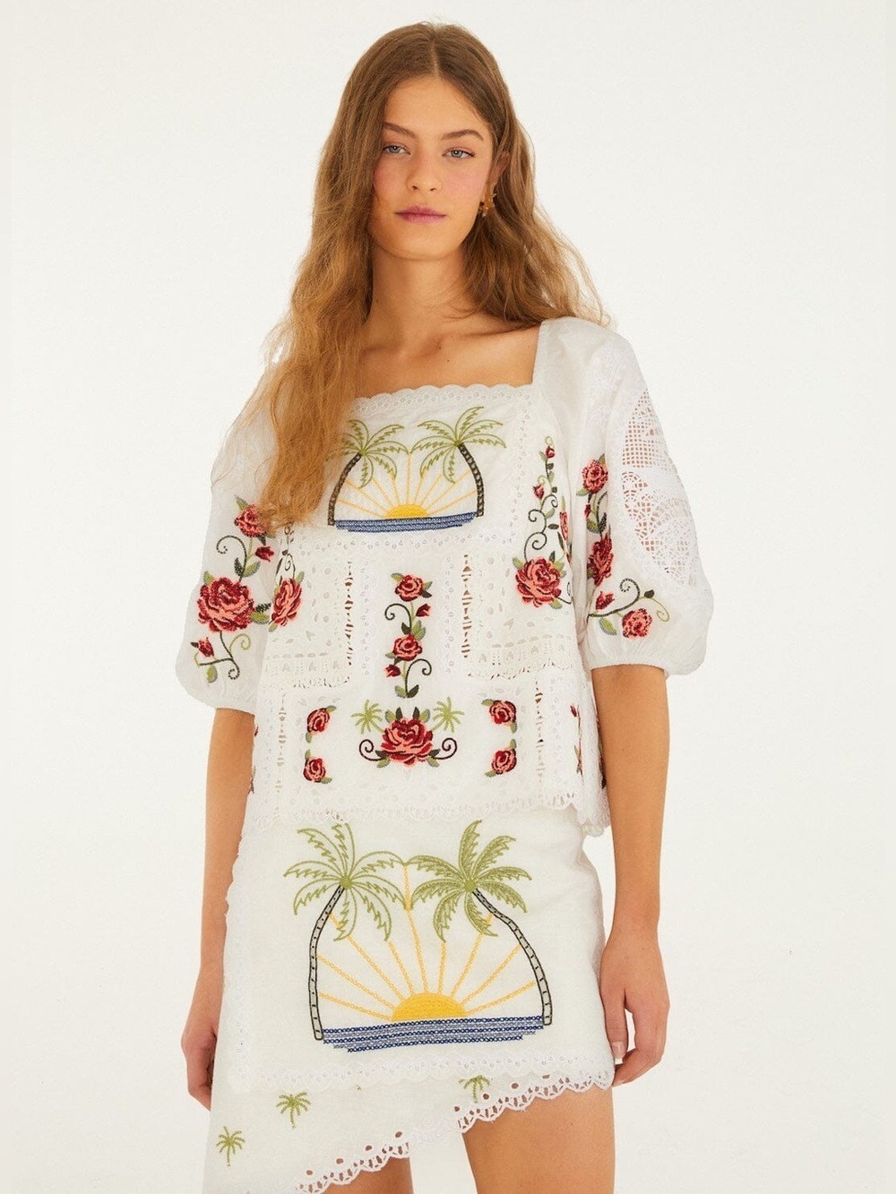 Farm Rio Off-White Tropi Scarf Embroidered Blouse